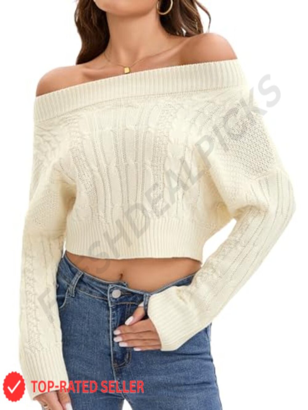 Off Shoulder Cable Knit Cropped Sweater Batwing Long Sleeve Pullover